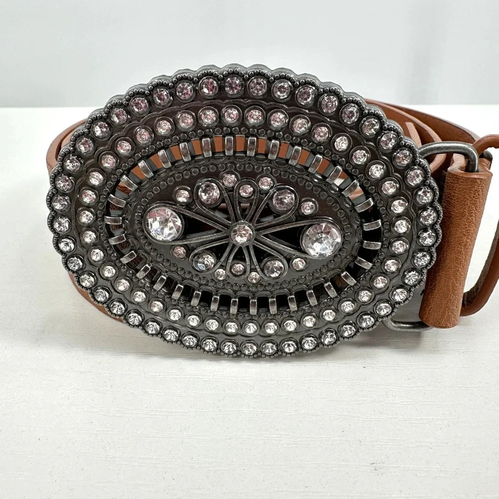 Cognac Brown Faux Leather Belt Oversized Rhinestone Western Buckle Size 5